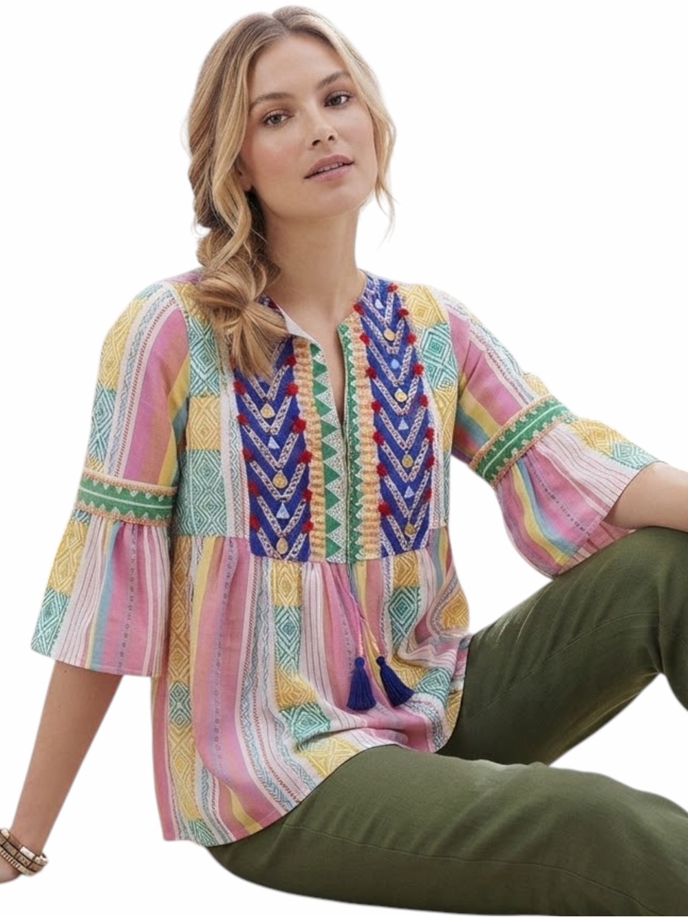 Anthropologie VERB Embroidered Boho Babydoll Top Colorful Stripe Size Medium